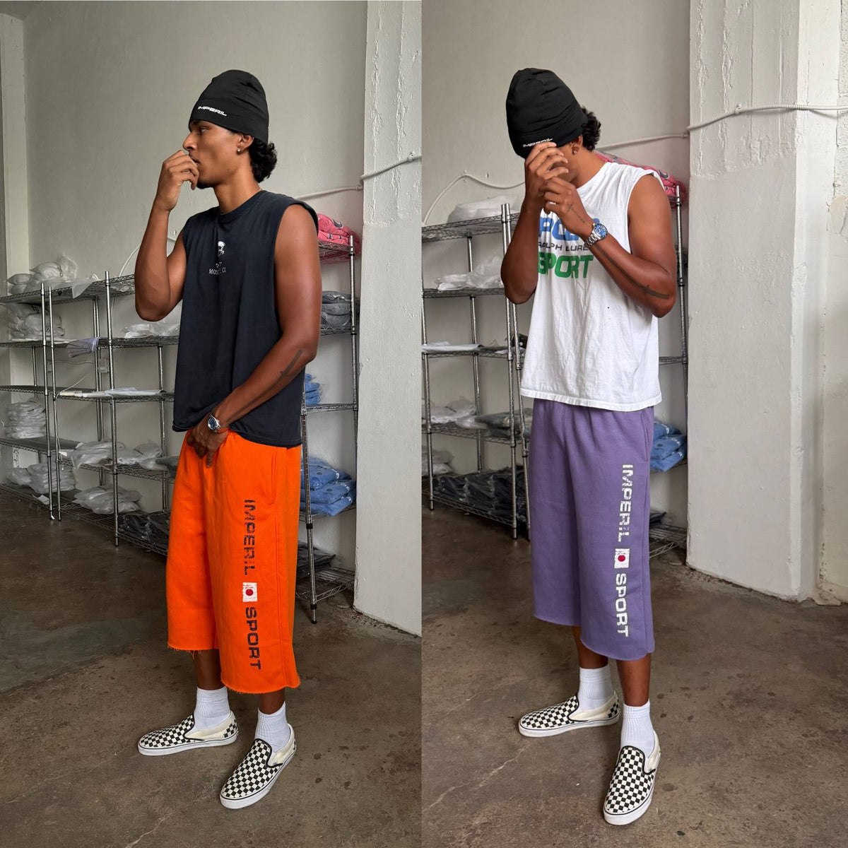 Two models wearing Imperil Sport shorts in orange and purple with Imperil beanies