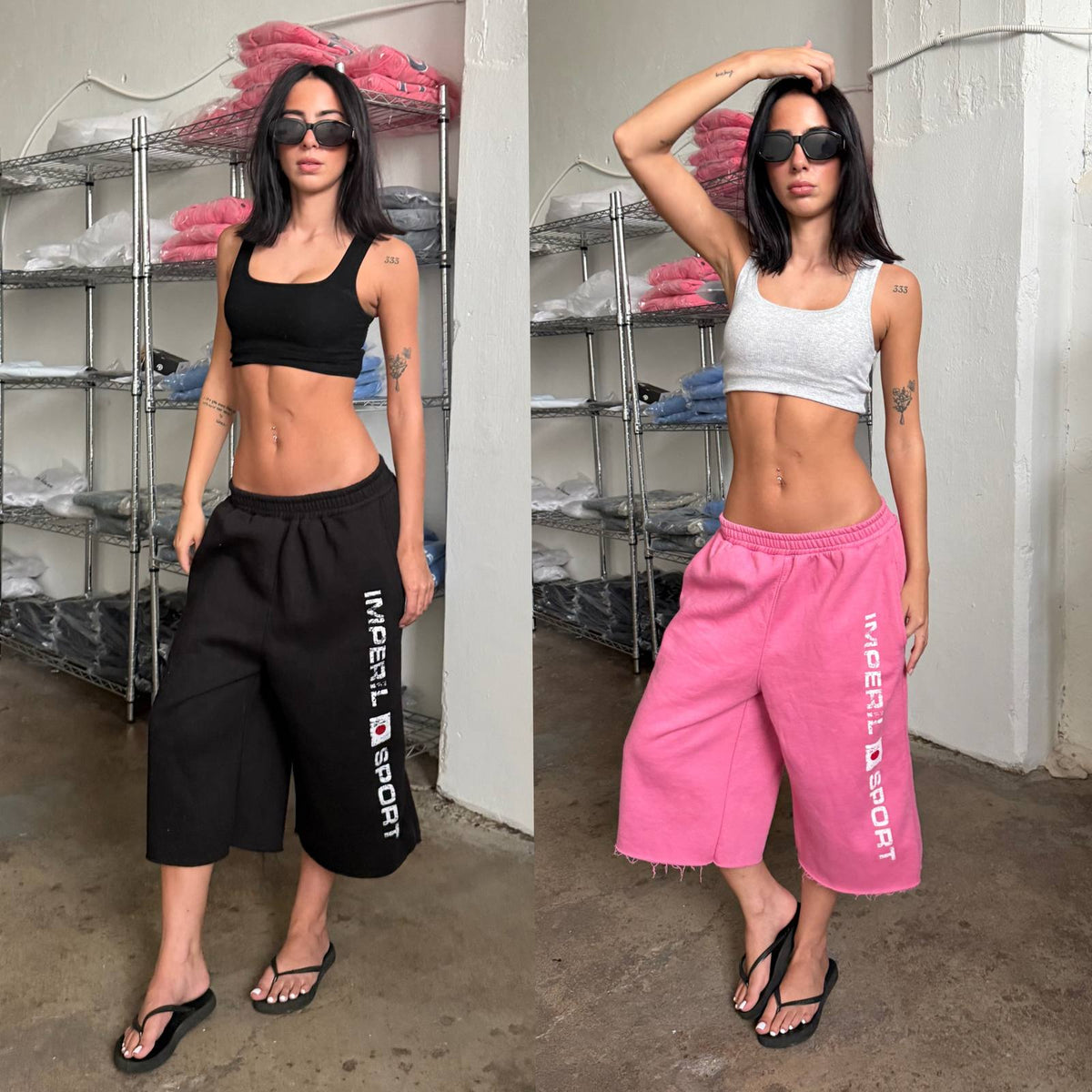 Two models wearing Imperil Sport shorts in black and pink